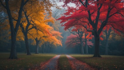 Autumn trees with colorful leaves along a dirt path in a park during fall season. Nature scenery with vibrant foliage and peaceful atmosphere.