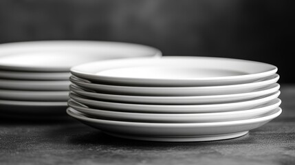 Stacked White Plates on Dark Table Surface With Soft Background