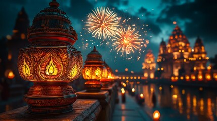 Fototapeta premium Beautiful Festival Scene with Lamps, Fireworks, and Night Sky
