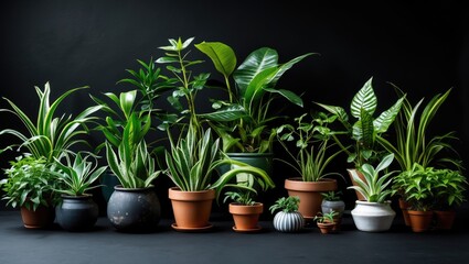 Obraz premium A variety of indoor houseplants in different pots arranged on a black surface against a dark background.
