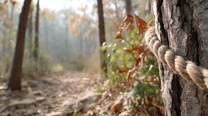 Obraz premium Folding solar panel for hikers project. Misty forest path with autumn foliage and textured tree bark.
