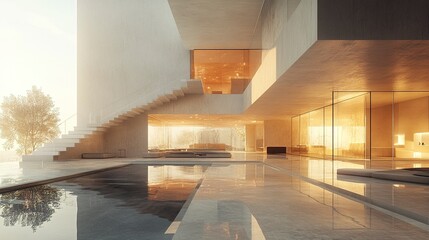 Fototapeta premium Futuristic home interior draft evolving into modern urban loft with glass walls and staircase 
