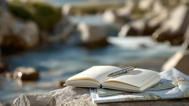 A journal lies open on a rock beside a mountain stream
