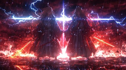 Obraz premium Dramatic dual figures clashing amidst a storm of light and fire.
