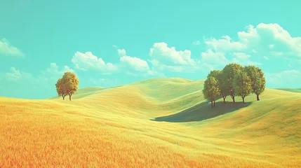 Fototapete A picturesque landscape of rolling hills and trees under a vibrant sky. © HeriAfrilianto