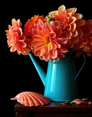 Brightly colored dahlias in a turquoise watering can with a seashell on a wooden table