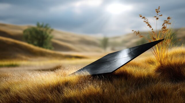 Folding solar panel for hikers project. Solar panel in a grassy landscape under a cloudy sky.