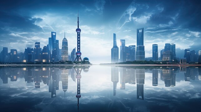 Spiegelung der Shanghaier Skyline bei D&auml;mmerung