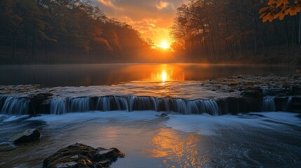 Serene Waterfall with Golden Sunset Reflections in Quiet Forest