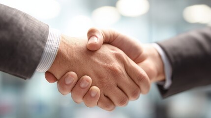 Close-up of hands shaking with blurred office background, representing business success..