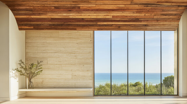 Modern interior design featuring panoramic ocean view with wooden ceiling detail