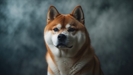 Shiba Inu dog portrait with a dark, blurred background. Fur details and facial expression visible.