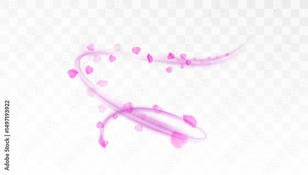 Poster vector swirl of flying pink petals with soft glowing light trail on transparent background. romantic