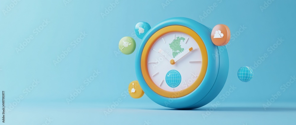 Aufkleber 3D rendering of a colorful clock with global icons, symbolizing world time and connectivity.