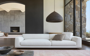Modern interior design showcasing a cozy living room with large windows and natural light