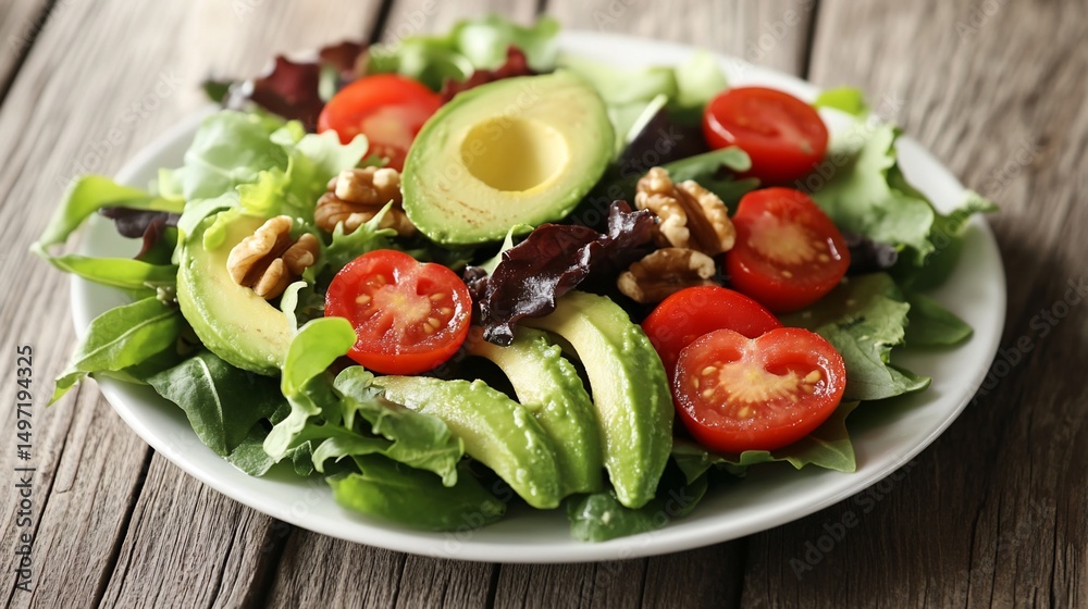Poster fresh avocado and tomato salad with walnuts and mixed greens on a rustic wooden table.