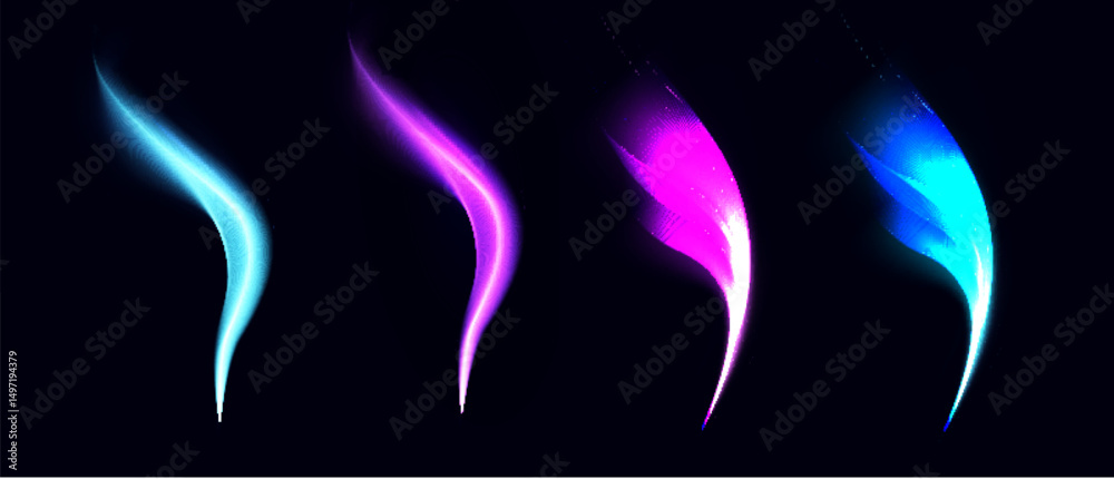 Poster bright neon light effects in abstract curved shapes on dark background. light effect for game design