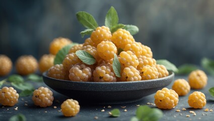Fresh yellow blackberries with green leaves in a black bowl, scattered around on a dark surface.