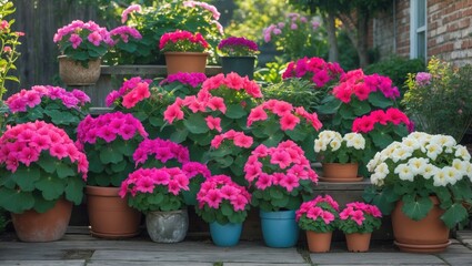 Fototapeta premium Colorful potted flowers, mainly pink and white, arranged on a garden deck with a lush green background and a brick house wall.