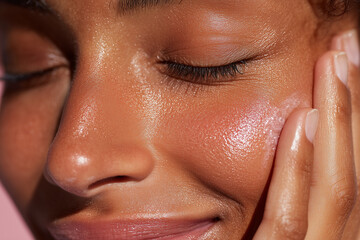 Close-up of glowing, hydrated skin with natural texture and radiant finish—ideal for skincare, beauty, self-care, wellness campaigns, or cosmetic brand promotions