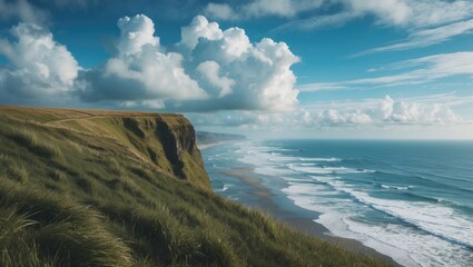 Cliffs and coastline of a grassy hill overlooking the ocean under a partly cloudy sky.