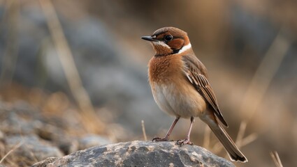 Fototapeta premium A small brown bird perched on a rock, with a blurred natural background.