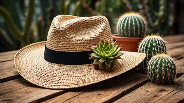 A classic straw hat rests on a table, an isolated vintage accessory for summer sun protection