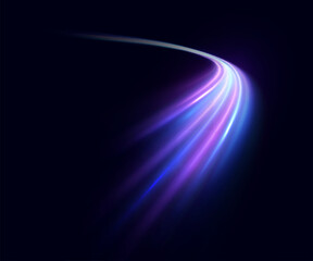 Vibrant light trail with glow effect on dark background. Dynamic flow with bright purple and blue lines for sci-fi themes, motion graphics or abstract digital interfaces.