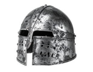 Worn Ancient Metal Helmet with Eye Slits isolated on transparent or white background
