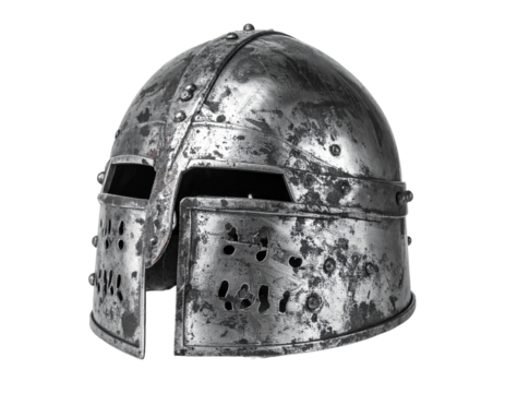 Worn Ancient Metal Helmet with Eye Slits isolated on transparent or white background
