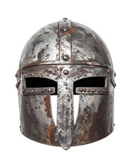 Worn Ancient Metal Helmet with Eye Slits isolated on transparent or white background