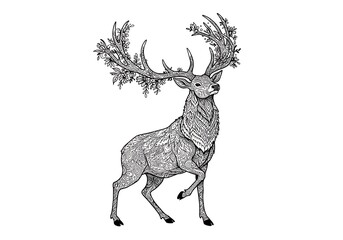 Obraz premium Detailed line art deer illustration with floral antlers intricate design nature animal artwork drawing sketch in black and white for adult coloring book. can use for print , coloring and card design