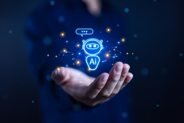 AI Chatbot Assistant or Digital Chatbot Artificial Intelligence Technology Access to AI technology in online networks, holographic robot applications and global connectivity.