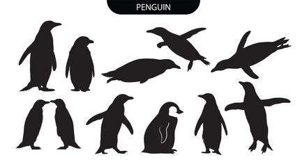 Naklejka premium Penguin Silhouette. Penguin bird Silhouettes Set in Walking and Swimming Black Vector Poses
