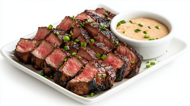Sliced steak served on white plate with creamy dipping sauce, garnished with green onions, showcasing delicious and appetizing presentation