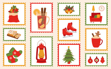 Christmas mail stamps set. Christmas postage stamps. Christmas stickers on envelopes with Christmas illustrations.
