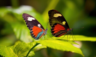 Fototapeta premium Zwei farbenfrohe Schmetterlinge auf einem Blatt