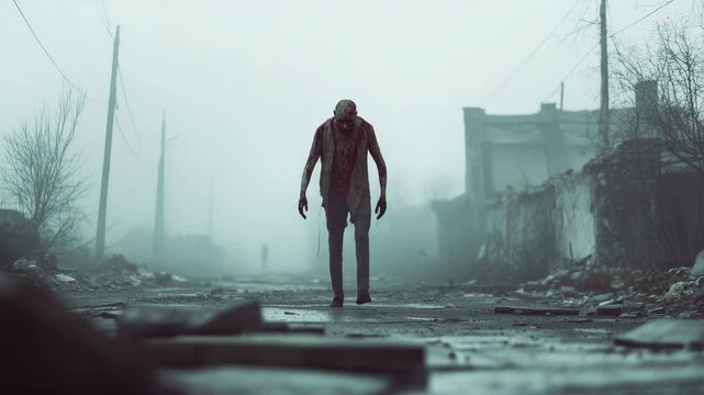 Decaying urban landscape revealing grotesque infected zombie trudging menacingly through dense fog, approaching viewer with haunting, blood stained presence in post apocalyptic wasteland