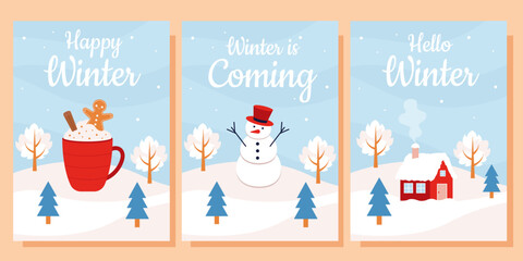 Christmas posters set. Winter landscape with snowman, house, hot chocolate. Merry christmas greeting card, party invitation, social media.