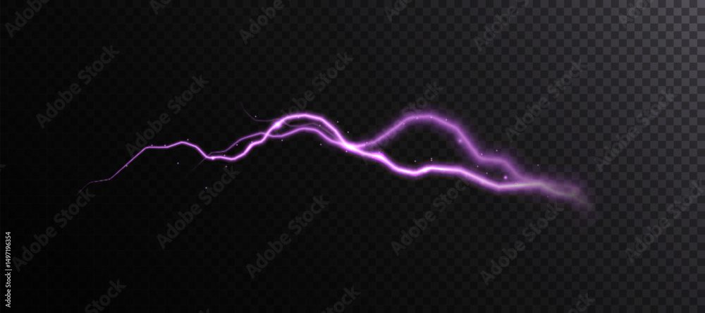 Poster Purple electric lightning with luminous discharge and spark particles on a dark background. Horizontal plasma arc for game effects, sci-fi energy bursts or high-voltage visual effects.