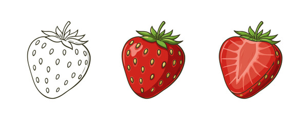 Three distinct cartoon strawberry illustrations showing an outline, a full fruit, and a half-cut view