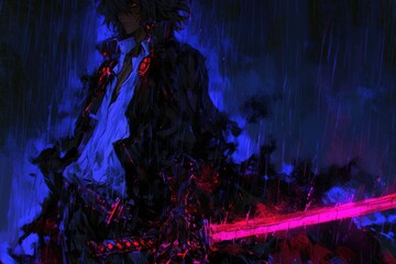 Obraz premium Figure in dark attire during a vibrant, stormy night.