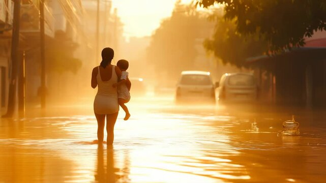 Golden hour sunlight casting warm glow over submerged urban street, showing mother carefully wading through floodwaters while protecting young child amid climate change aftermath