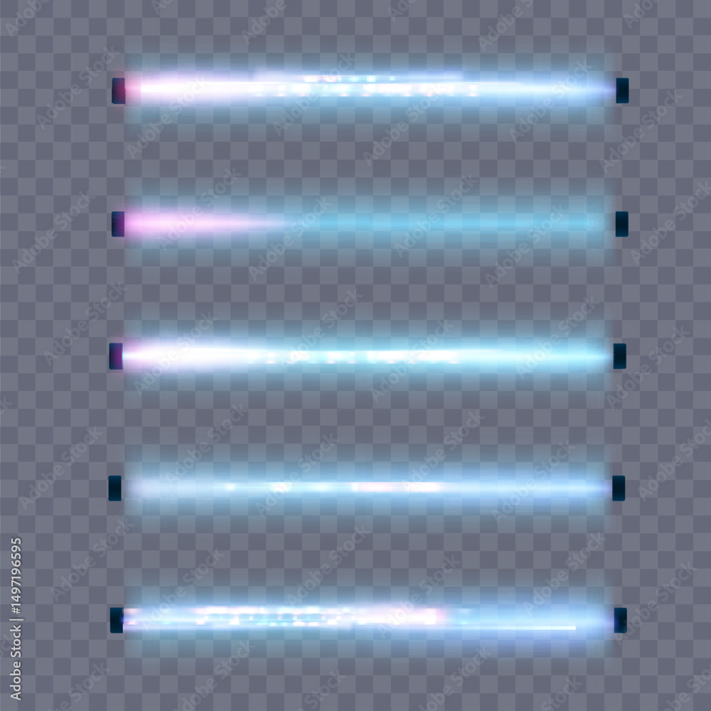 Poster set of glowing horizontal blue laser beams with soft core and chromatic glow. light streaks for sci-