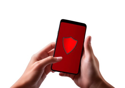 Two hands hold a smartphone displaying a red shield icon, symbolizing mobile security.