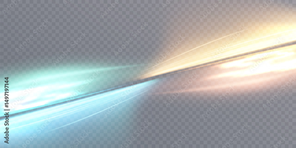 Poster Abstract refractive light glare effect with intersecting translucent rays. Bright blue-gold glare with luminous refraction curves on transparent background.