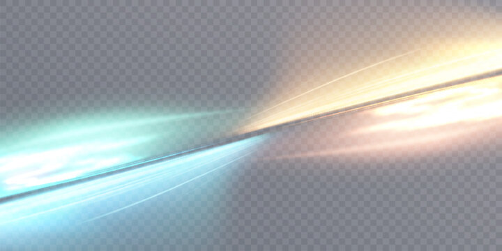 Abstract refractive light glare effect with intersecting translucent rays. Bright blue-gold glare with luminous refraction curves on transparent background.