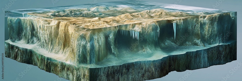Poster cross-section view of an underwater cave system with stalactites and varied terrain.