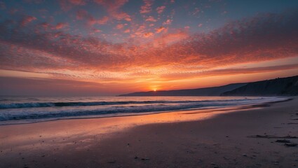 Sunset over a beach with colorful sky and clouds. Nature and landscape, peaceful scene. The horizon and water reflections.