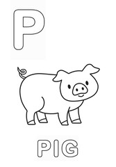 Alphabet Coloring Page for Kids. Children's Coloring Activity sheet. Cute Pig Illustration to Color.